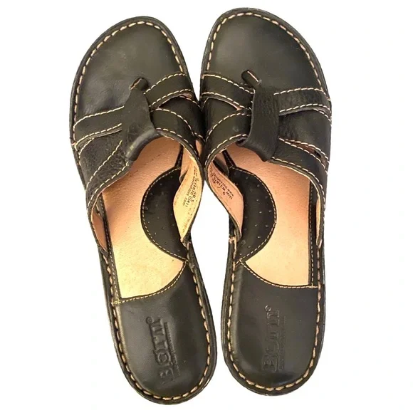 Born Women’s Sandals Size 9 Leather Black Brown Wedge Slip On - Picture 4 of 7